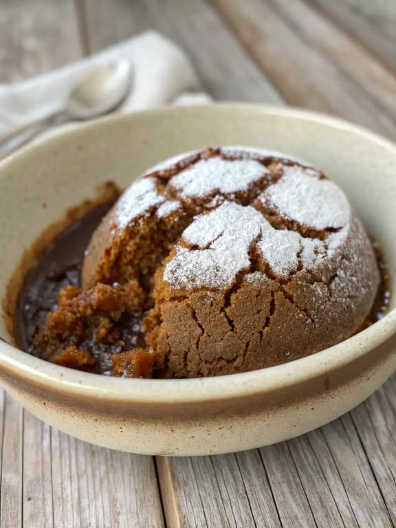A beautifully served portion of gingerbread pudding cake in a bowl with vanilla ice cream and a cinnamon stick