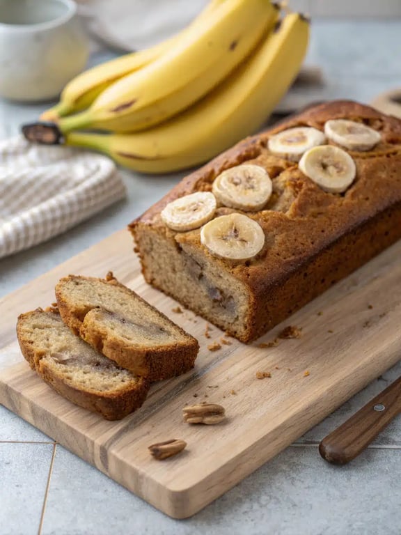 healthy banana bread recipe beautifully plated with coffee and fresh fruit
