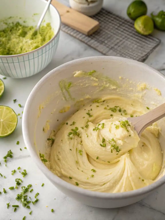 Step 4 for key lime cake — folding fresh key lime juice into the batter