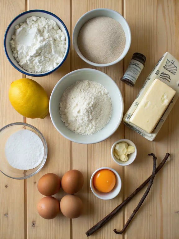 Ingredients for homemade lemon cream puffs All ingredients for lemon cream puffs neatly arranged on a kitchen counter