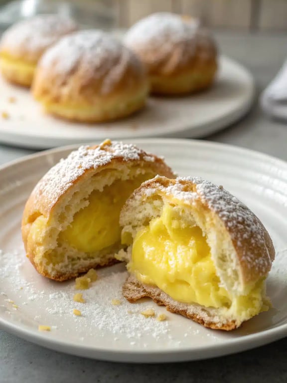 Lemon cream puffs elegantly served on a platter A beautiful platter of lemon cream puffs arranged for a party or afternoon tea