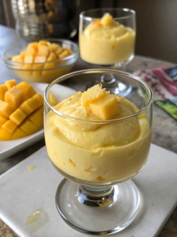 mango mousse recipe beautifully plated with fresh mango garnish