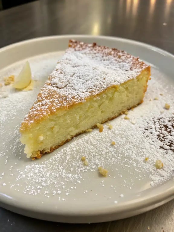 melt in mouth cake served on a plate with fresh berries and a dusting of powdered sugar