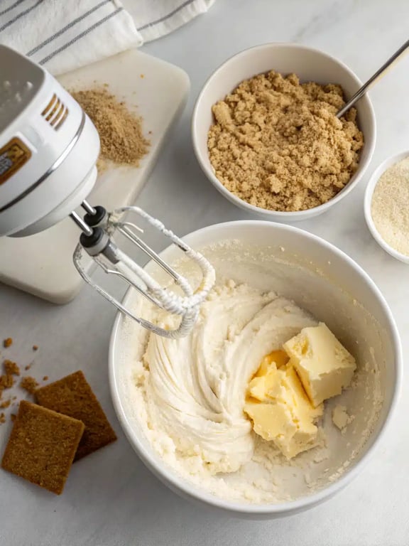 Step 2 for no bake cheesecake — pressing the crust into the pan