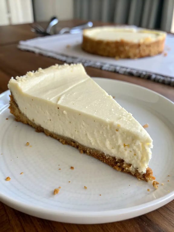 A beautifully plated slice of no bake cheesecake with fresh berries and mint
