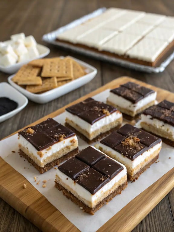 no bake s'mores bars beautifully arranged on a serving platter for a party