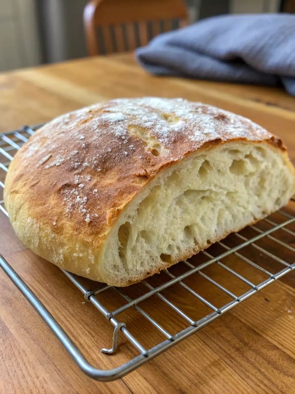 A rustic table setting with no knead turkish bread, bowls of hummus and olives, and fresh vegetables