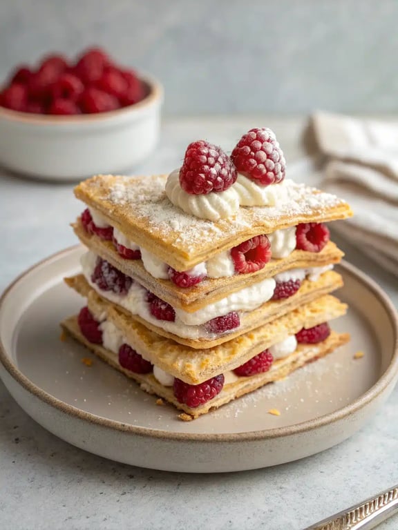 Beautifully plated raspberry cream napoleons with powdered sugar dusting