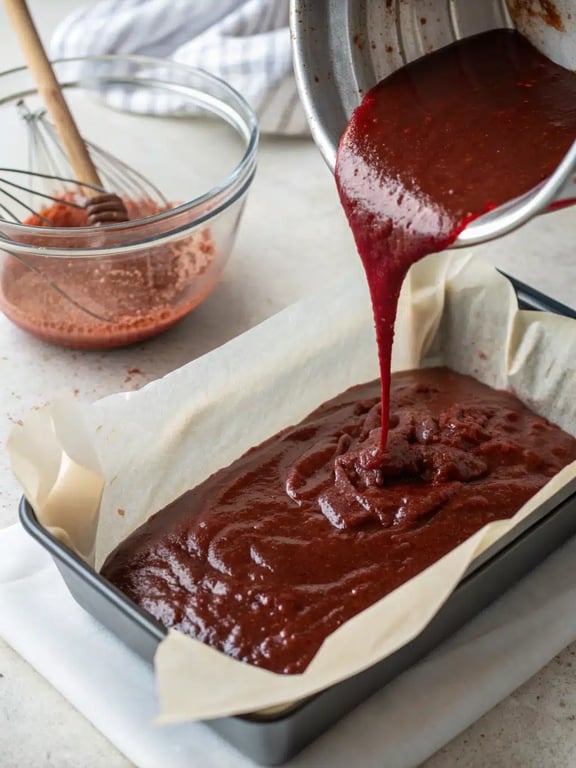 Step 4 for red velvet brownies recipe — texture check