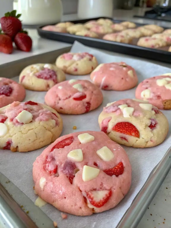 strawberry cheesecake cookies beautifully arranged on a plate with milk