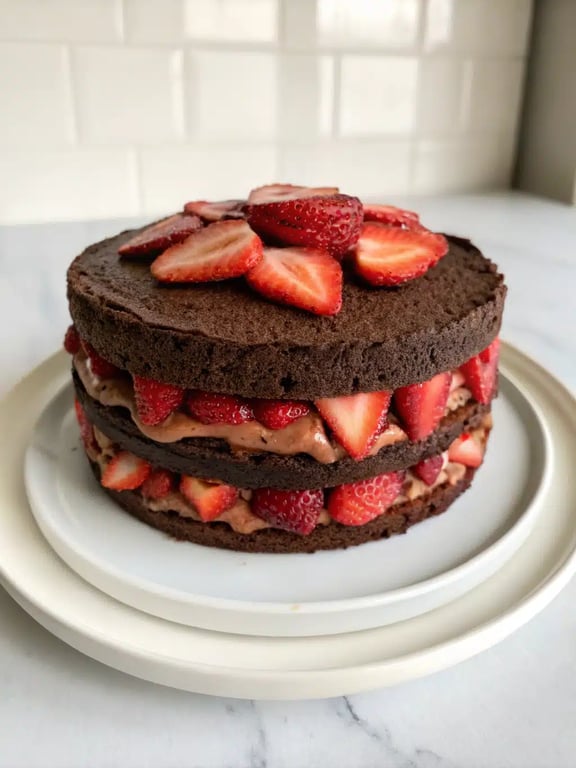 A beautifully plated slice of strawberry chocolate cake with a dollop of whipped cream