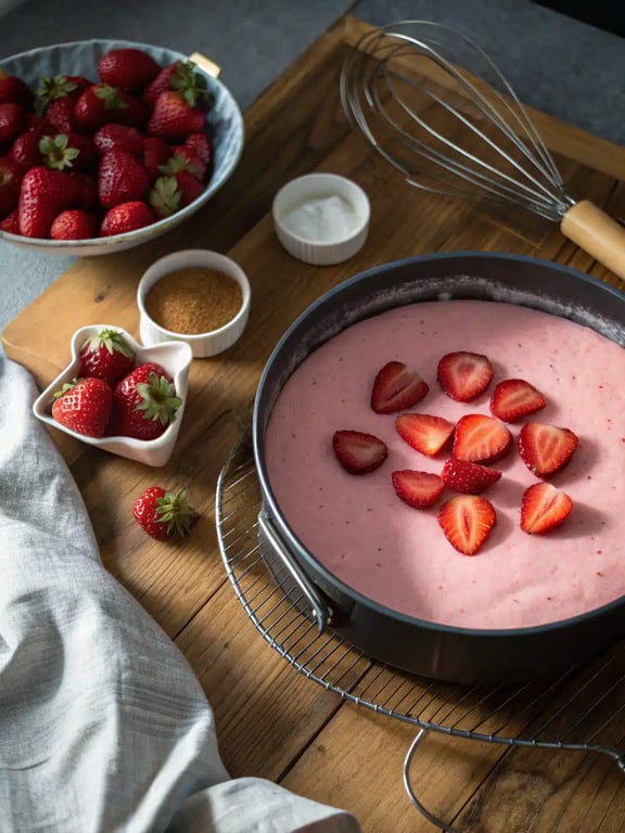 Final step for strawberry red velvet cheesecake — plated and ready