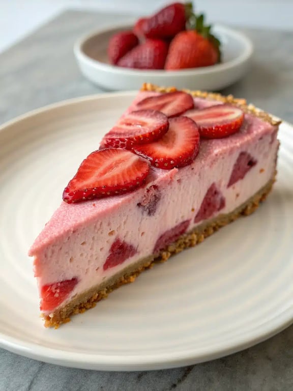 A beautifully plated slice of strawberry red velvet cheesecake with whipped cream and fresh strawberries
