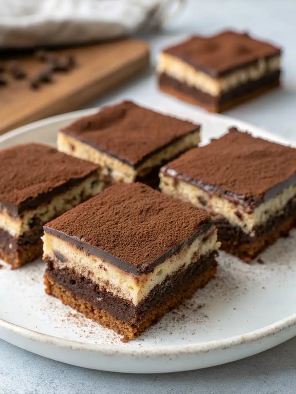 Beautifully plated tiramisu brownies recipe with a dusting of cocoa powder