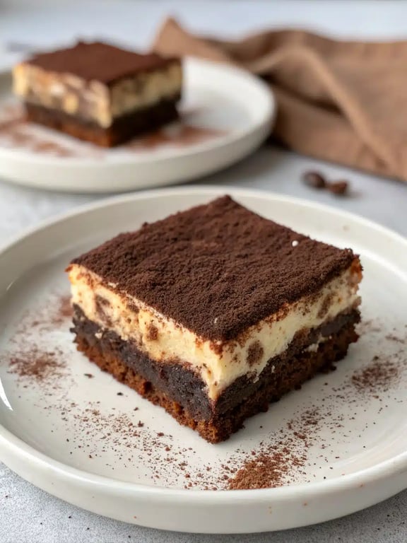 tiramisu brownies recipe beautifully plated on a decorative cake stand