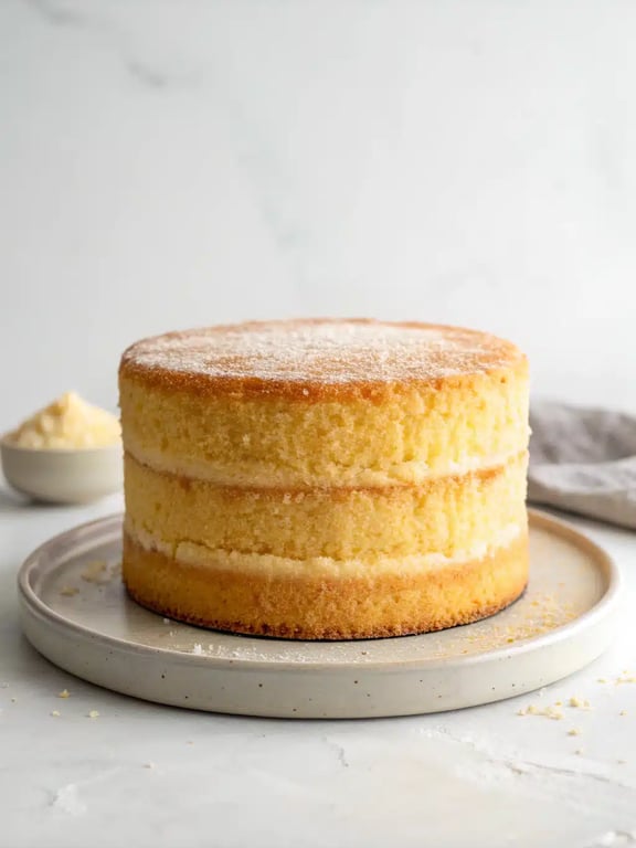 Beautifully decorated vanilla cake recipe with frosting and berries on a cake stand