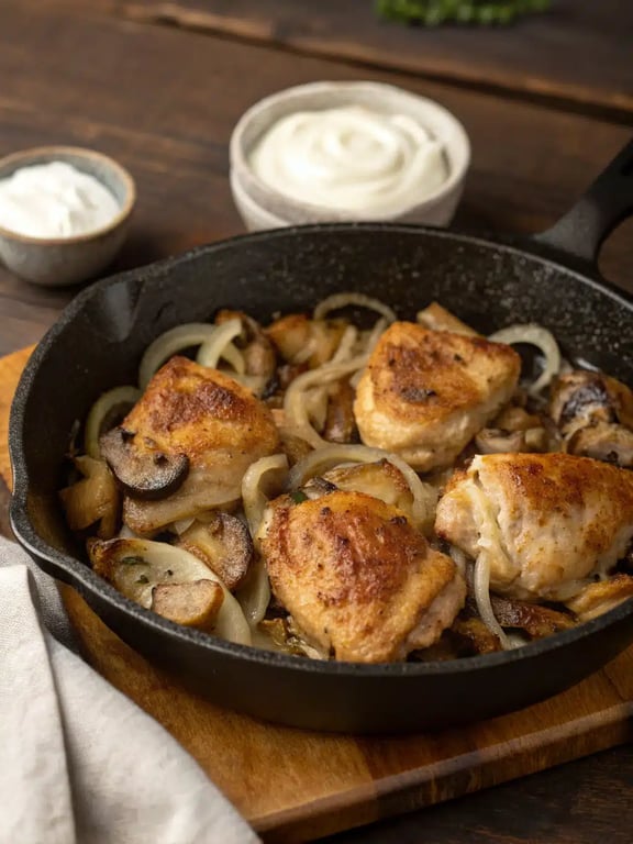 Creating the creamy sauce for baked chicken stroganoff in a skillet