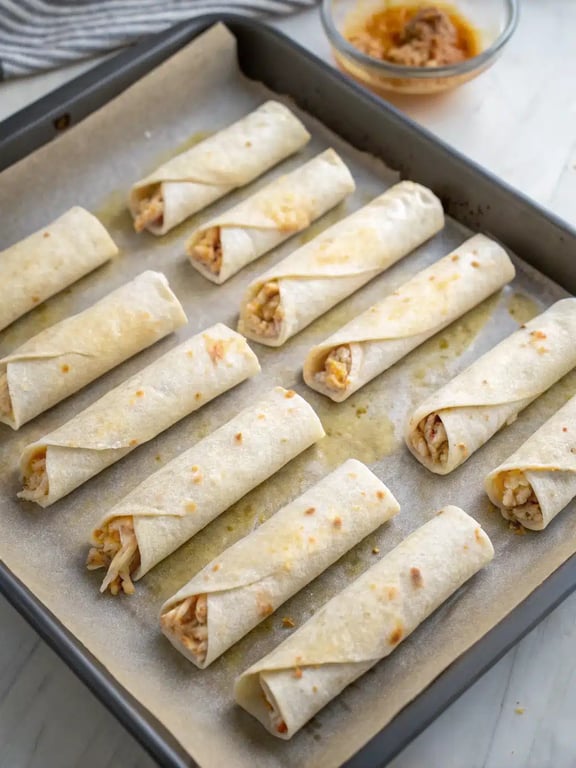 A finished batch of golden baked chicken taquitos fresh from the oven on a baking sheet