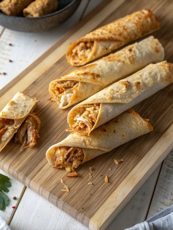 A platter of golden baked chicken taquitos served with bowls of guacamole, salsa, and sour cream for dipping