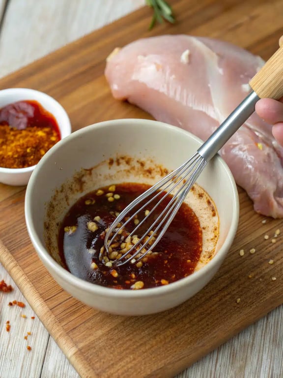 Step 4 for BBQ chicken bowls — sliced, saucy chicken resting on a cutting board