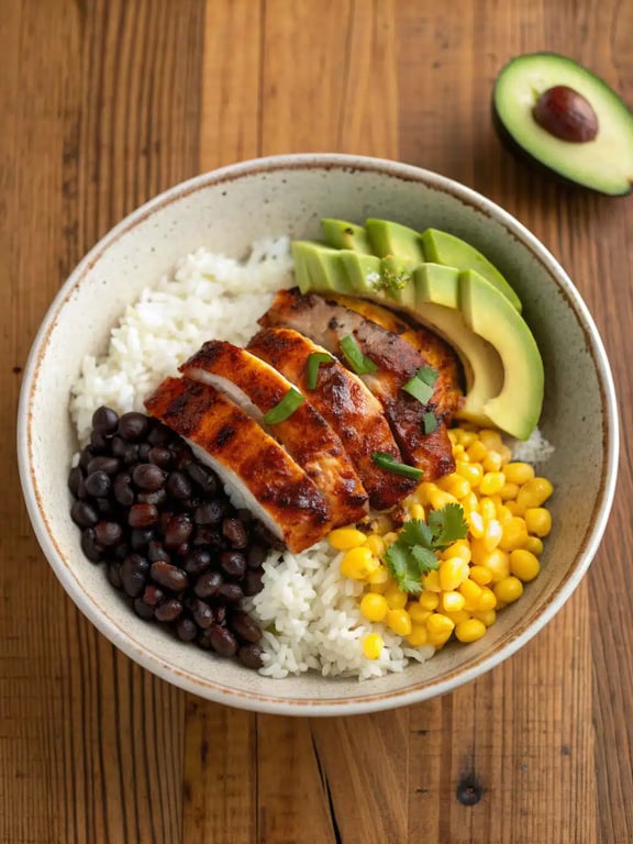 BBQ chicken bowls served family-style with all components in separate bowls for custom assembly