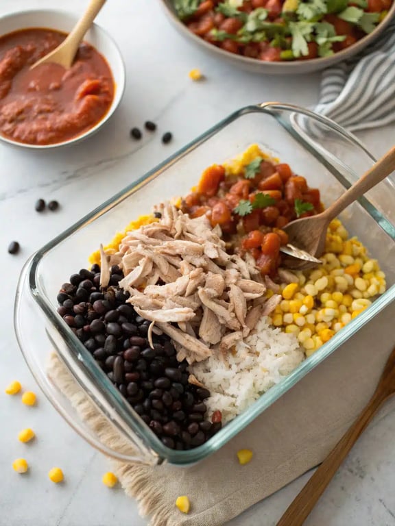 Step 4 for chicken burrito casserole — texture check