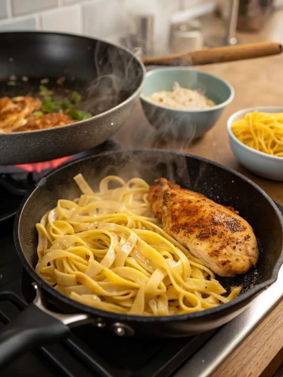 Final step for Chicken buttered noodles — plated and ready