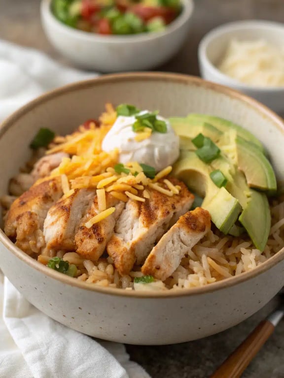chicken enchilada bowls served with toppings and side salad