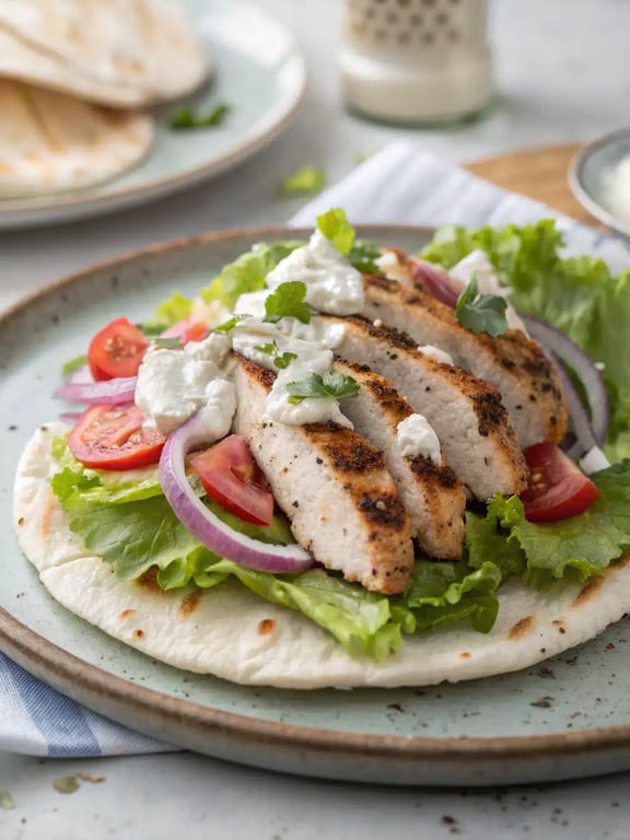 A platter of assembled chicken gyros recipe with sides on a rustic table