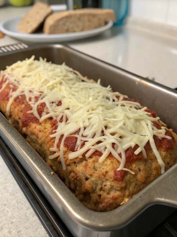 chicken parmesan meatloaf — final step Final step for chicken parmesan meatloaf — plated and ready