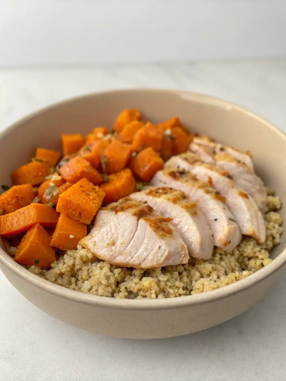 A beautifully plated chicken sweet potato bowl with all components visible