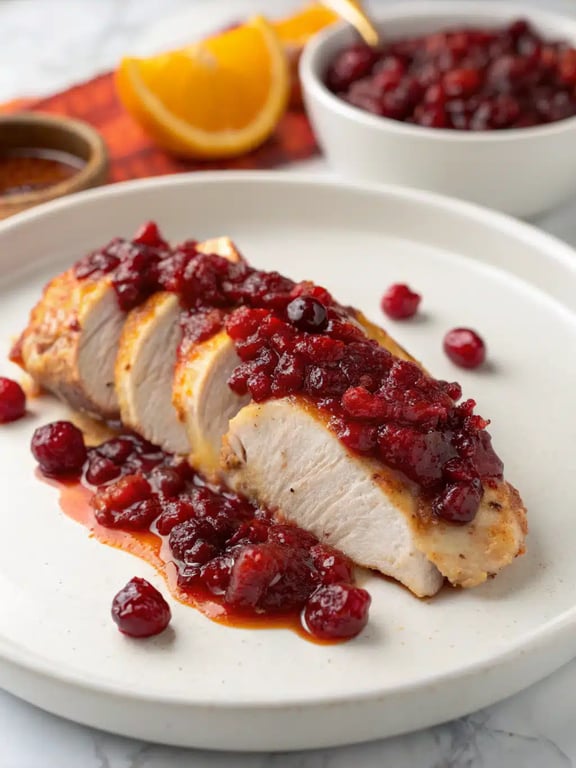 cranberry orange chicken beautifully plated with seasonal sides