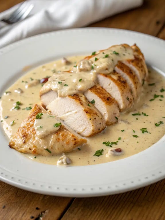 Creamy Asiago Chicken beautifully plated with pasta and roasted vegetables