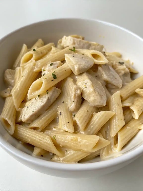 creamy chicken penne plated elegantly with a side salad