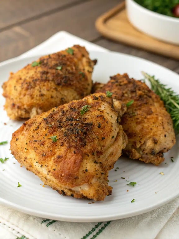 crispy dill chicken plated with mashed potatoes and green beans
