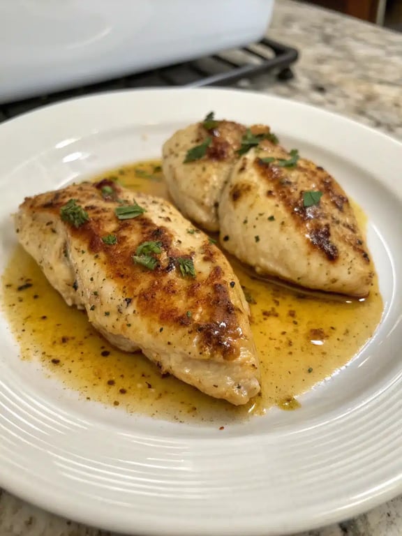 garlic butter chicken plated with mashed potatoes and green beans