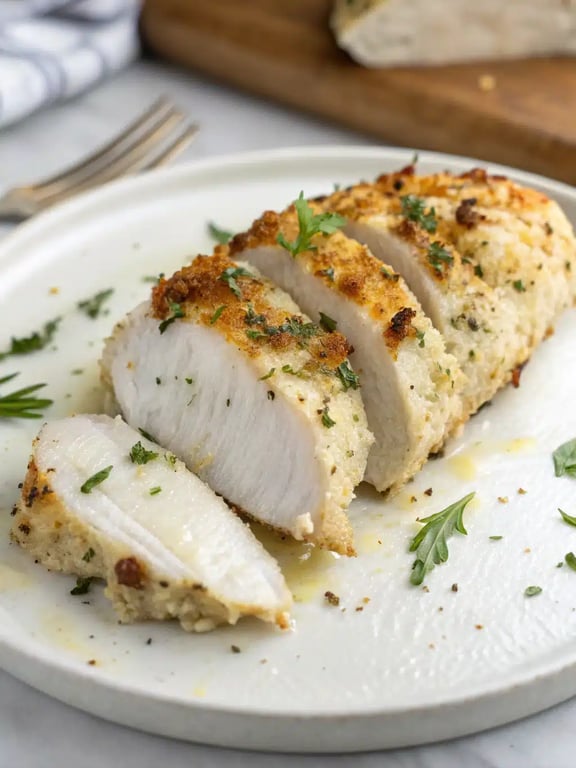 garlic parmesan chicken plated with roasted vegetables and lemon wedges
