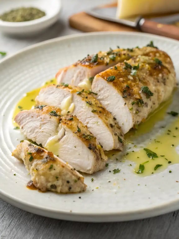garlic parmesan chicken plated with pasta and fresh vegetables