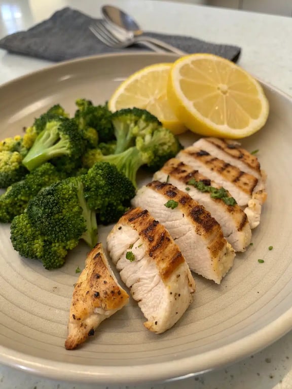 grilled chicken broccoli plated with quinoa and lemon wedges