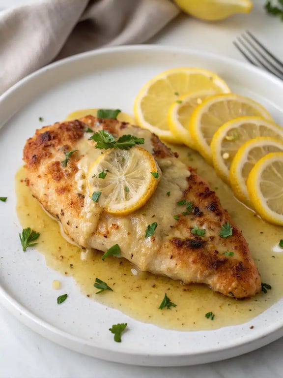 lemon chicken romano plated with pasta and vegetables