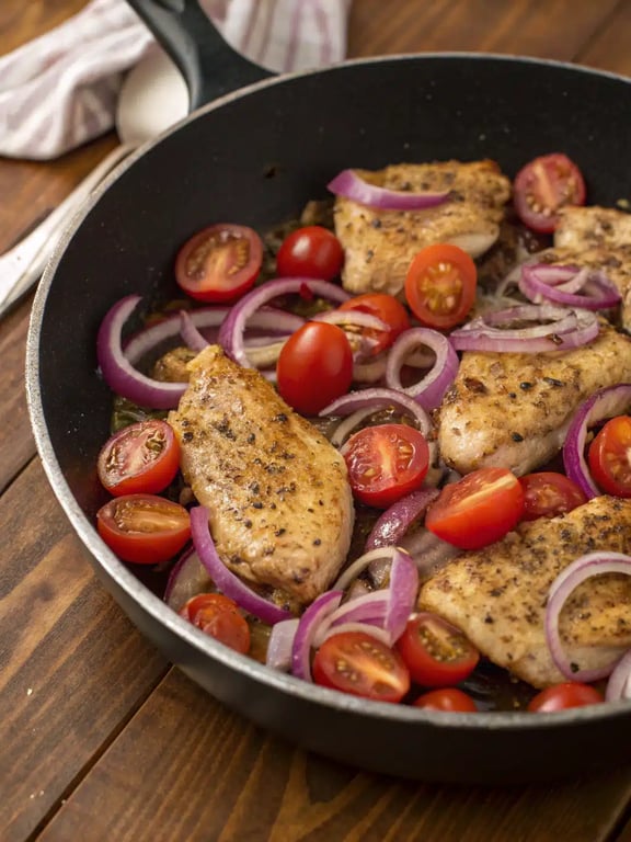Step 4 for Mediterranean chicken pasta — texture check