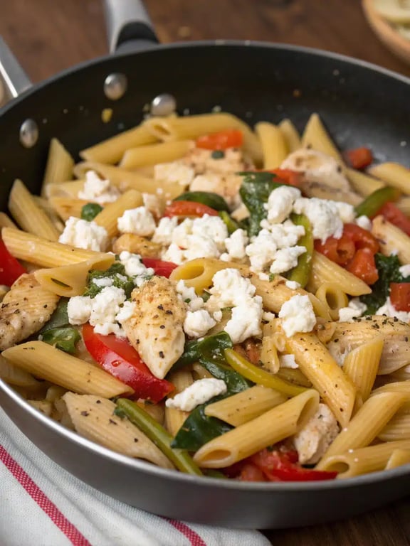 Final step for Mediterranean chicken pasta — plated and ready