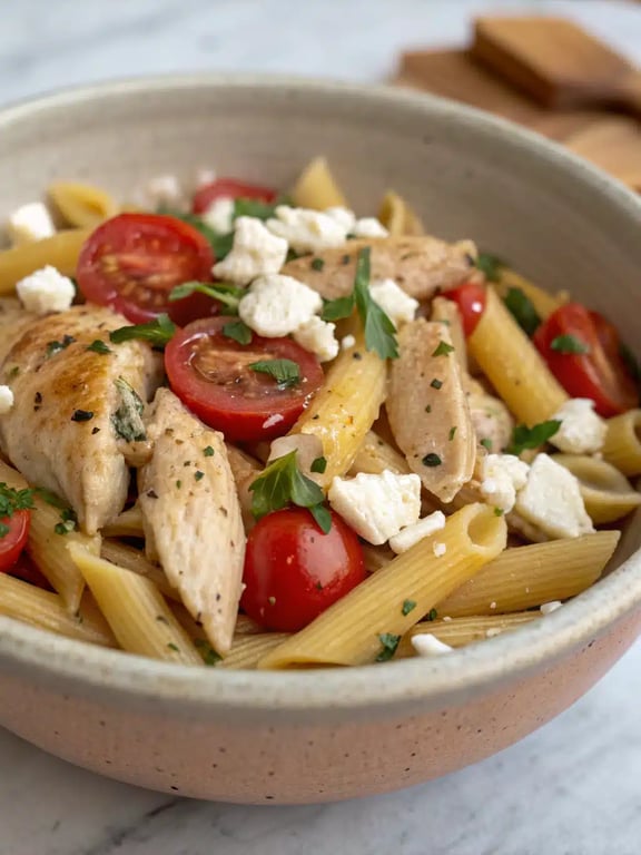 Mediterranean chicken pasta beautifully plated with salad and lemon wedges