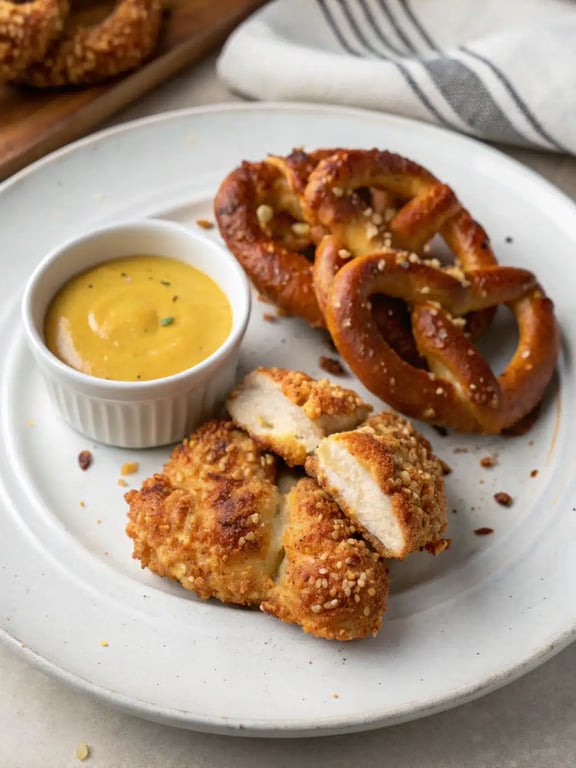 pretzel chicken recipe plated with sides and dipping sauce
