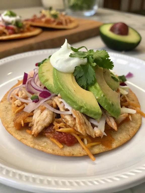 A platter of assembled rotisserie chicken tostadas with colorful toppings