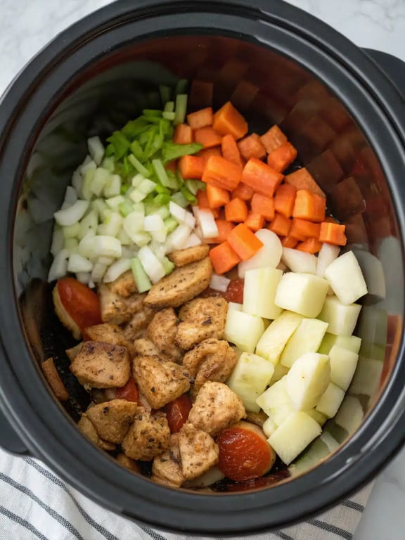 Step 4 for slow cooker chicken stew — texture check