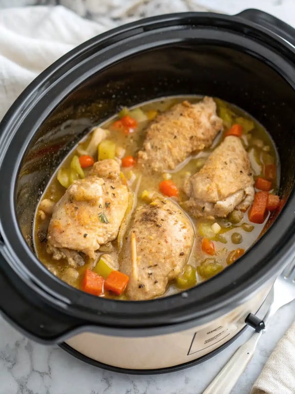 Final step for slow cooker chicken stew — plated and ready