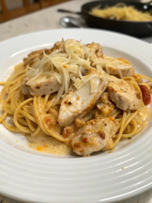 A beautifully plated serving of spicy chicken spaghetti with a side salad