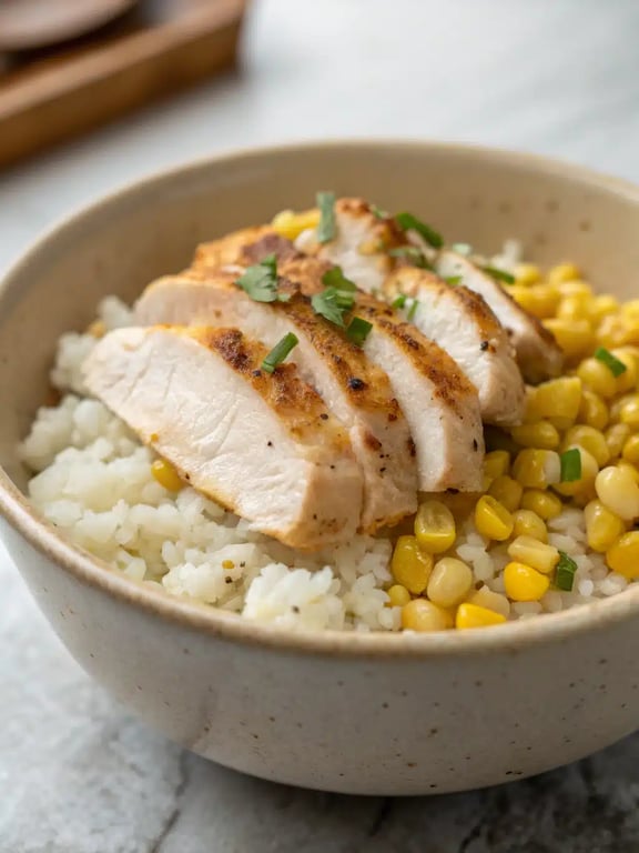 street corn chicken bowl beautifully plated with lime wedges and fresh cilantro garnish