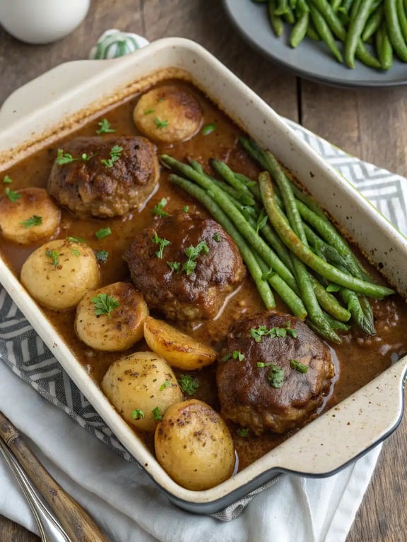Amish hamburger steak bake plated beautifully with gravy and a side of bread